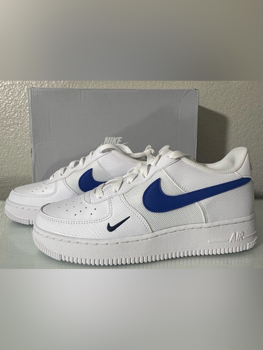 Youth Nike Air Force in White / Game Royal Size 6.5